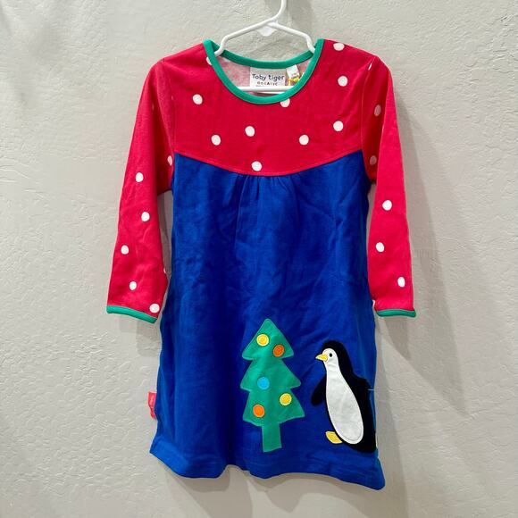 NWT Toby Tiger Blue Christmas Tree Penguin Appliqué Long Sleeve Dress - Picture 1 of 7